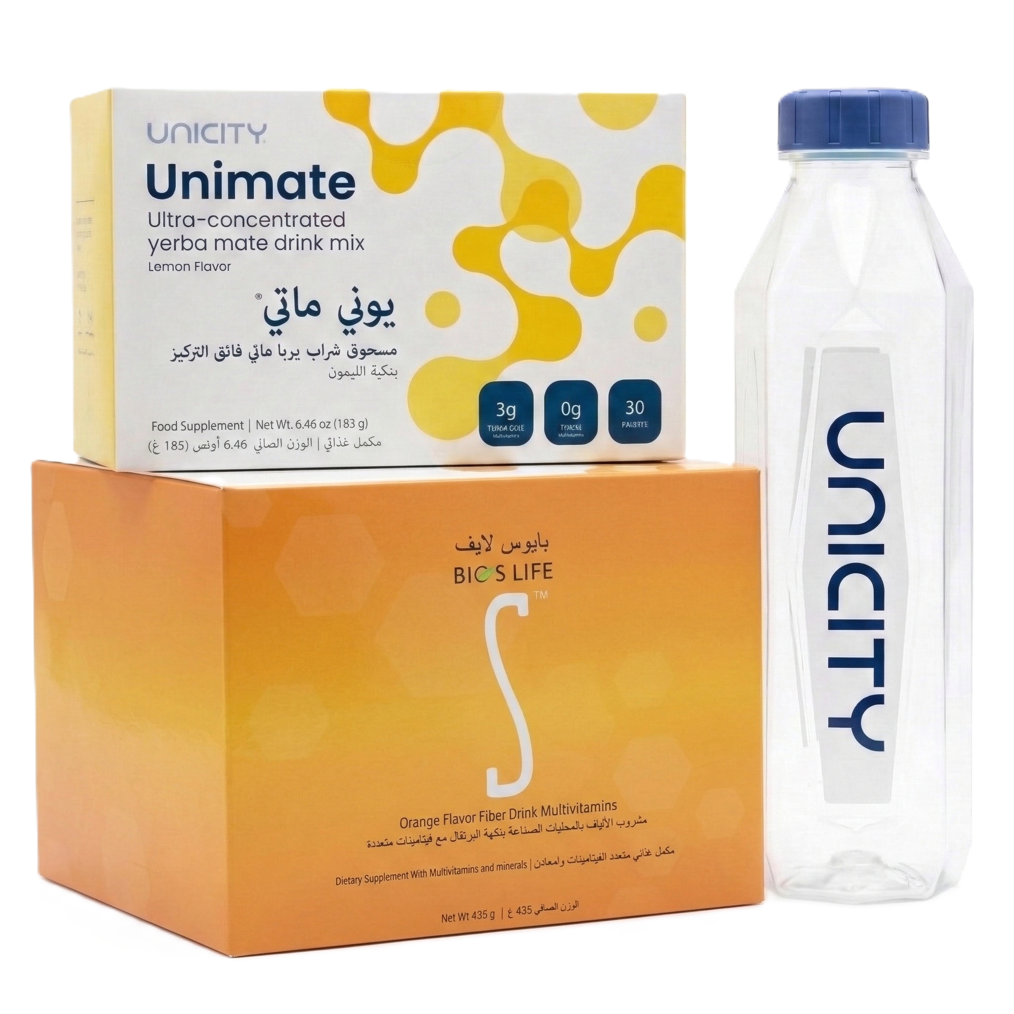 باقة الـ 30 يوماً_ عبوة يوني ماتي ليمون + عبوة بايوس لايف + زجاجة خلط